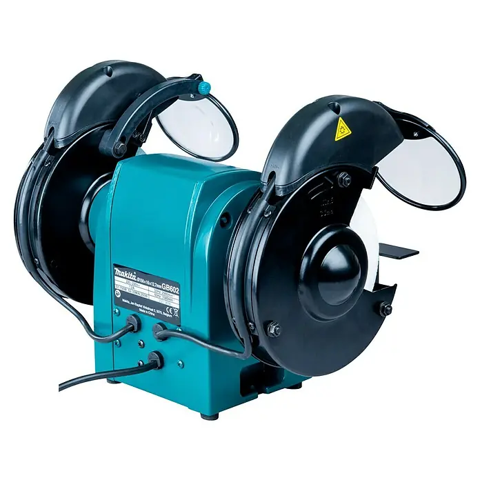 Makita Elektro-Doppelschleifer GB602 - 250 W, 2.850 U/min - Türkiser Makita Doppelschleifbock mit schwarzem Schleifscheibenschutz und transparentem Augenschutz.