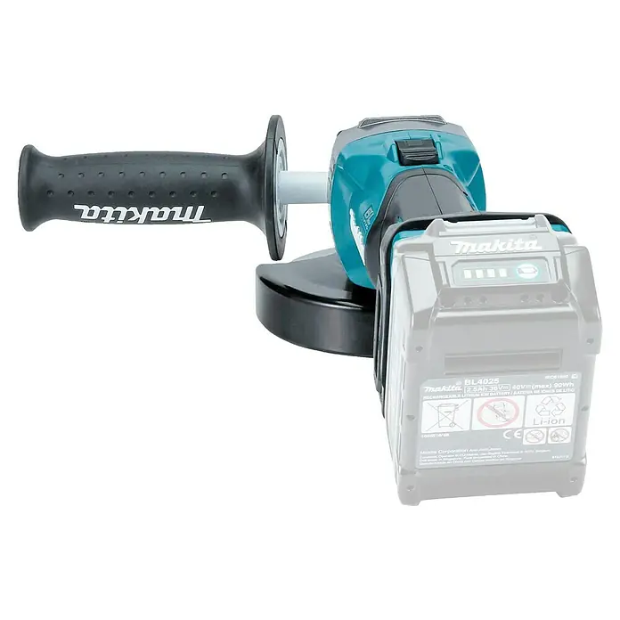 Makita XGT 40V max. Amoladora angular de batería GA008GZ - 40 V, Sin batería, Diámetro disco: 125 mm - Una amoladora angular inalámbrica Makita turquesa y negra con batería gris y empuñadura auxiliar.