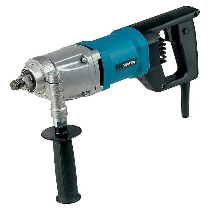 Makita Bohrmaschine Diamant DBM080 - 1.300 W, Leerlaufdrehzahl 1. Gang: 0 U/min - 3.400 U/min, Inkl. Koffer - Makita Kernbohrmaschine, türkis und silber, mit schwarzen Haupt- und Seitengriffen.