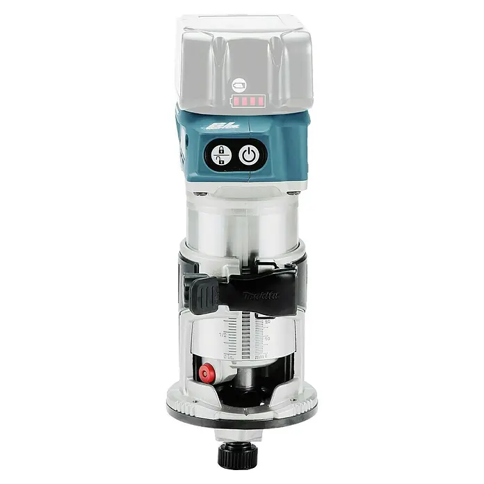 Makita LXT 18V Akku-Multifunktionsfräse DRT50ZJX2 - 18 V, Ohne Akku, Leerlaufdrehzahl: 10.000 U/min - 30.000 U/min - Makita Akku-Oberfräse in Blau und Silber, mit Akku, Bedienknöpfen und Tiefeneinstellungsskala in Zoll und Millimeter.