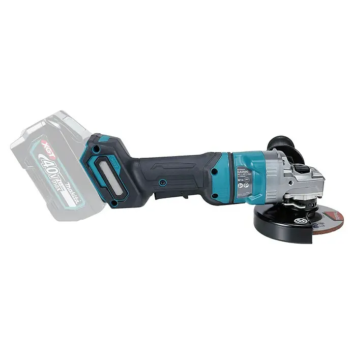 Makita XGT 40V max. Amoladora angular de batería GA050GZ - 40 V, Sin batería, Diámetro disco: 125 mm - Amoladora angular a batería Makita XGT 40V en turquesa, negro y plata, con disco de amolar montado.