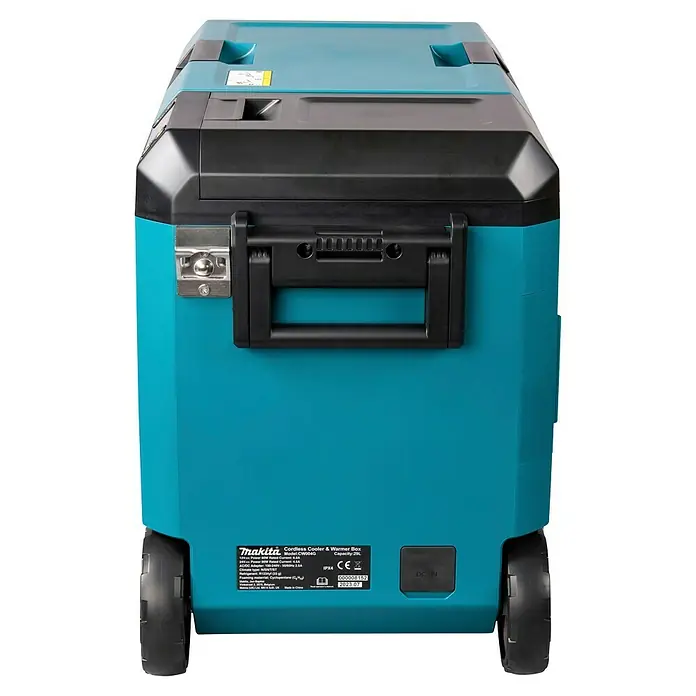 Makita Nevera de batería CW004GZ - 18 V, Sin batería, 29 l - Nevera y calentador inalámbrico Makita, de plástico azul y negro, con ruedas y un asa de transporte.