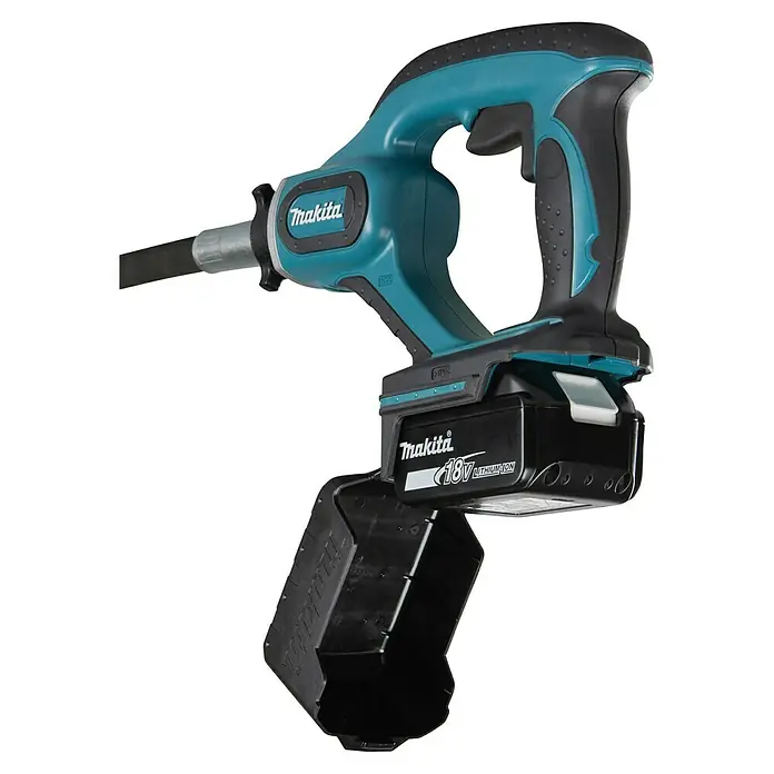 Makita LXT 18V Akku-Betonverdichter DVR450Z - 18 V, Ohne Akku, Schwingzahl: 13.000 U/min - Makita kabelloses Elektrowerkzeug in Türkis und Schwarz mit 18V Akku und zusätzlichem Akku-Halter.