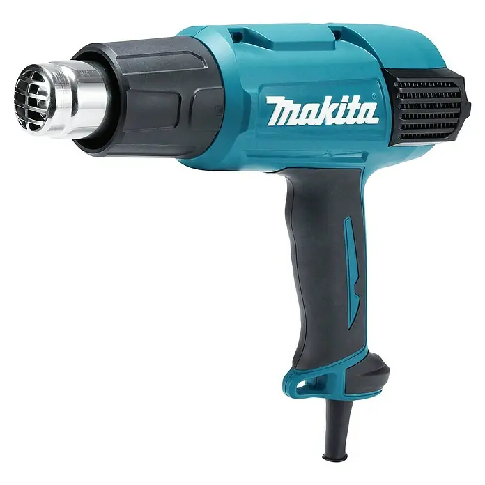Makita Heißluftgebläse HG6031VK - 1.800 W, Temperaturbereich: 50 °C - 600 °C - Türkise und schwarze Makita Heißluftpistole mit silberner Metalldüse.