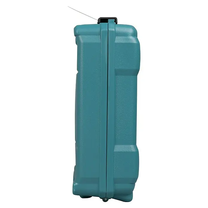 Makita Heißluftgebläse HG5030K - 1.600 W, Temperaturbereich: 350 °C - 500 °C - Seitenansicht eines geschlossenen, strukturierten, tealfarbenen Schutzhartschalenkoffers mit schwarzem Verschluss.