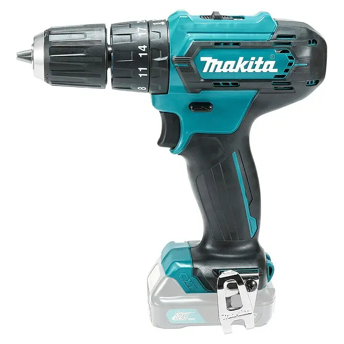 Makita CXT 12V max. Akku-Schlagbohrschrauber HP333DZ - 12 V, Ohne Akku, 30 Nm, Ohne Akku und Zubehör - Türkis-schwarzer Makita 12V max Akku-Bohrschrauber mit Bohrfutter, einstellbarer Kupplung und Akku.