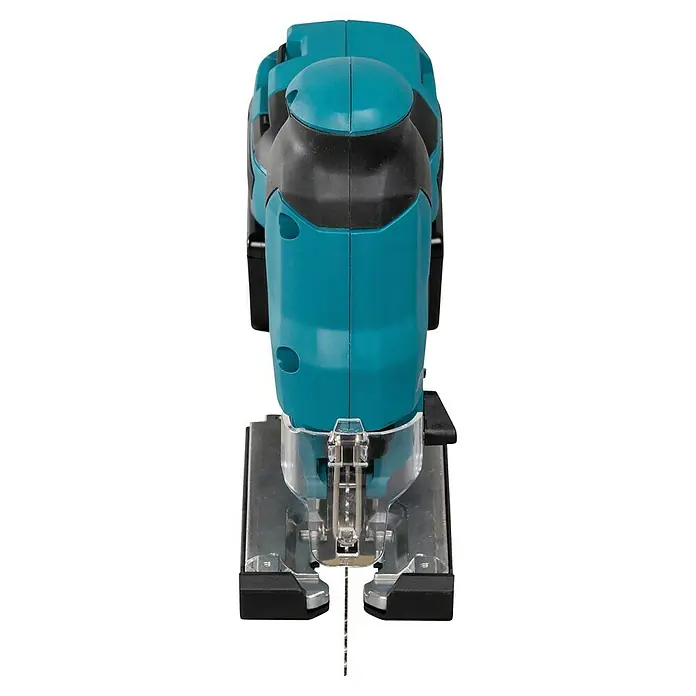 Makita LXT 18V Akku-Pendelhubstichsäge DJV185Z - 18 V, Ohne Akku, Leerlaufhubzahl: 800 /min - 3.000 /min - Türkise und schwarze Akku-Stichsäge mit Metallfuß und transparentem Blattschutz, das Sägeblatt ist sichtbar.
