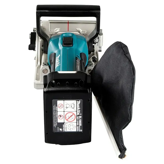 Makita LXT 18V Fresa de ranurado de batería DPJ180RTJ - 18 V, 2 baterías, 5 Ah, 20 mm - Fresadora de galletas inalámbrica Makita turquesa y negra con batería Li-ion de 18V 6.0Ah y bolsa recolectora de polvo negra.