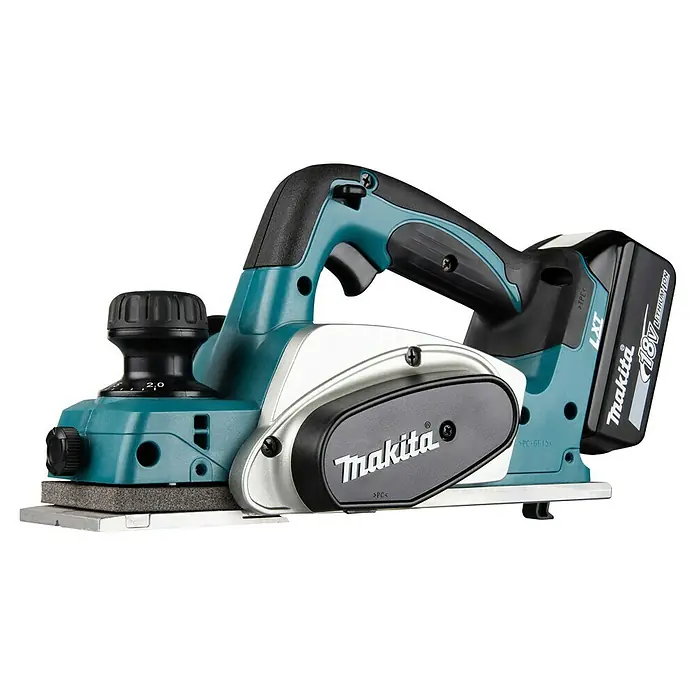Makita LXT 18V Cepilladora de mano de batería DKP180RTJ - 18 V, 2 baterías, Anchura del cepillo: 82 mm, 5 Ah - Cepillo eléctrico inalámbrico Makita en turquesa y negro con detalles plateados, alimentado por una batería de 18V de iones de litio.