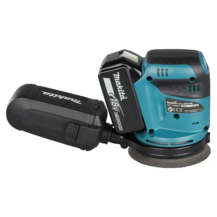 Makita LXT 18V Lijadora excéntrica de batería DBO180RTJ -  - Lijadora orbital aleatoria inalámbrica Makita turquesa y negra con batería de 18V y accesorio de recolección de polvo.