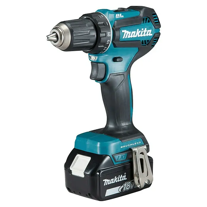 Makita LXT 18V Akku-Bohrschrauber-Set DDF485RFJ - 18 V, 2 Akkus, 50 Nm - Makita Akku-Bohrschrauber in Schwarz und Türkis, mit Metallfutter, bürstenlosem Motor und 18V Akku.