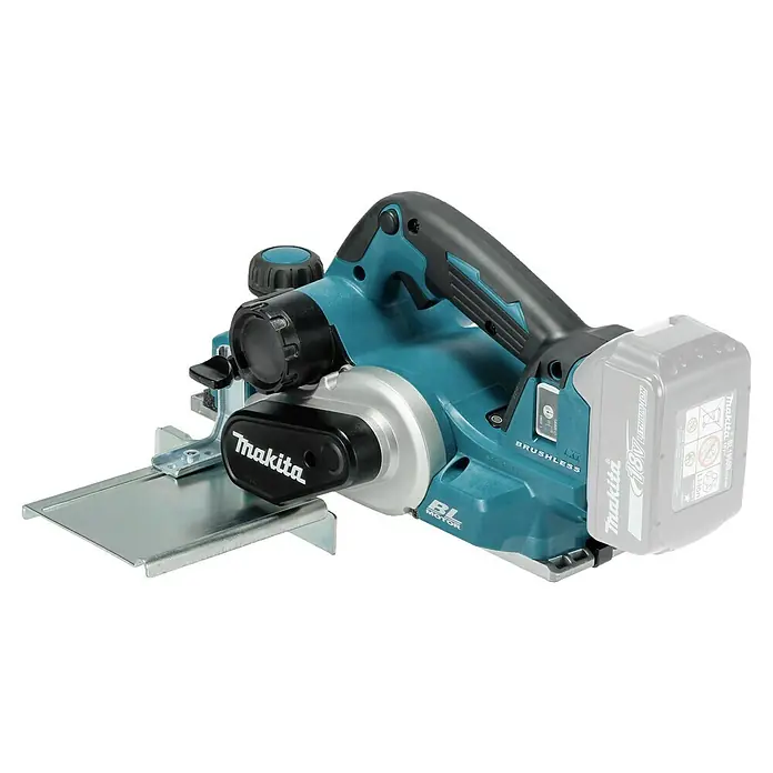 Makita LXT 18V Akku-Hobel - 18 V, Ohne Akku, Leerlaufdrehzahl: 12.000 U/min - Makita Akku-Elektrohobel in Türkis, Schwarz und Silber mit angeschlossenem Akku.