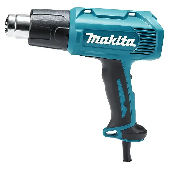 Makita Heißluftgebläse HG5030K - 1.600 W, Temperaturbereich: 350 °C - 500 °C - Türkis Makita Heißluftpistole mit schwarzem Pistolengriff und silberner Düse.