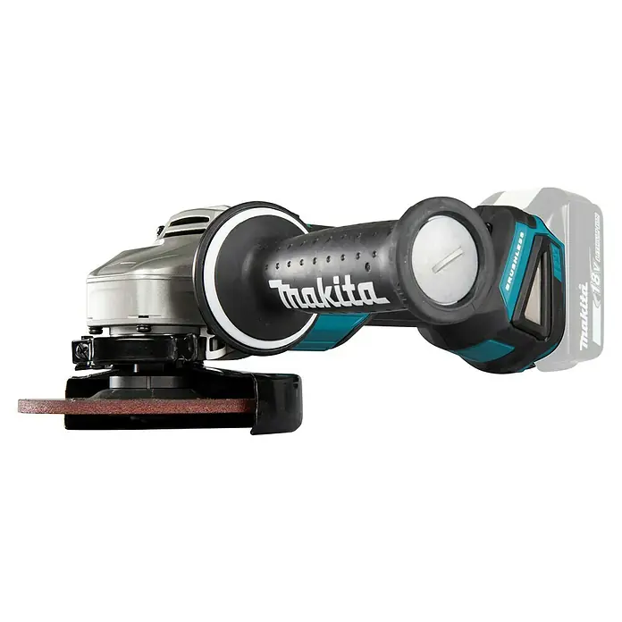 Makita LXT 18V Amoladora angular de batería DGA504Z - 18 V, Iones de litio, Sin batería, Diámetro disco: 125 mm - Amoladora angular inalámbrica Makita con cuerpo plateado, mango negro, detalles turquesa y disco de corte marrón rojizo.