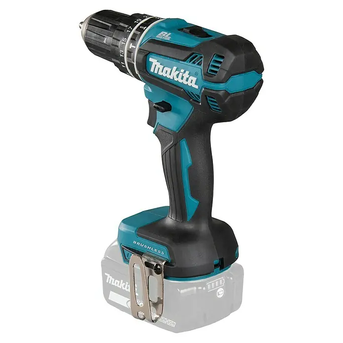 Makita LXT 18V Akku-Schlagschrauber DHP485Z - 18 V, Ohne Akku, 50 Nm - Makita Akku-Bohrschrauber, schwarz-türkis, mit bürstenlosem Motor, Lithium-Ionen-Akku und Gürtelclip.