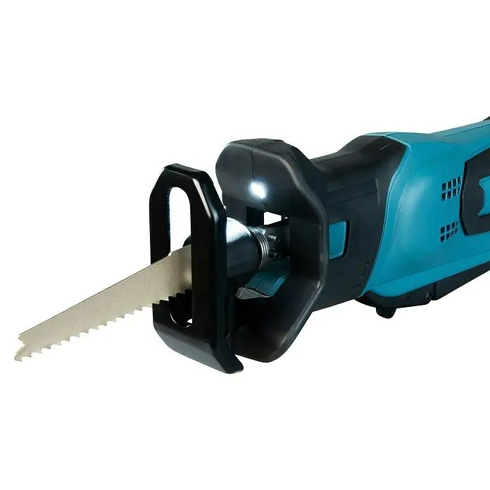 Makita LXT 18V Akku-Säbelsäge DJR183RT1J - 18 V, 1 Akku, 5 Ah, Leerlaufhubzahl: 0 /min - 3.000 /min - Türkis-schwarze Säbelsäge mit Metallblatt und hellem LED-Licht, das den Klingenbereich beleuchtet.