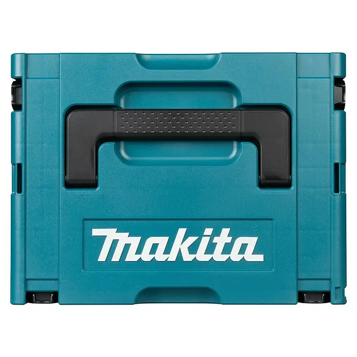 Makita LXT 18V Akku-Schlagbohrschrauber DHP492RTJ - 18 V, 2 Akkus, 5 Ah, 130 Nm - Türkiser Makita Systemkoffer aus Kunststoff mit schwarzem Griff für Werkzeugaufbewahrung.