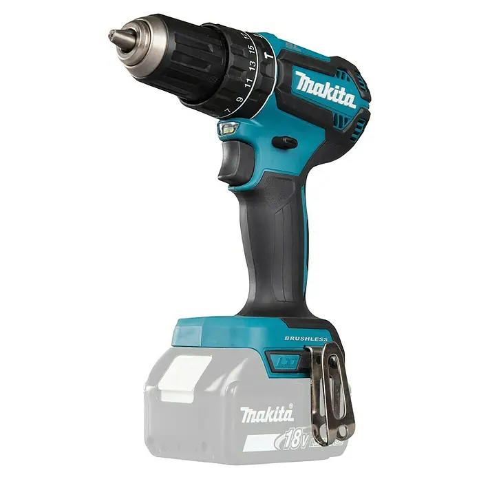 Makita LXT 18V Akku-Schlagschrauber DHP485Z - 18 V, Ohne Akku, 50 Nm - Türkis-schwarze Makita Akku-Bohrmaschine mit silbernem Bohrfutter, Drehmomenteinstellung, 18V Akku und Gürtelclip. Beschriftet mit 'Brushless' und 'LXT'.