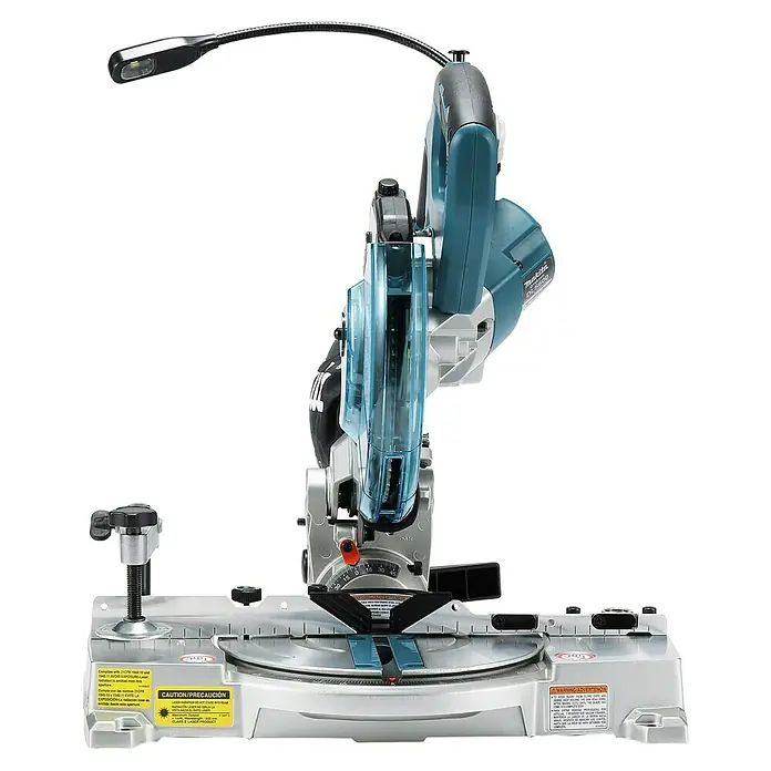 Makita LXT 18V Akku-Kapp- & Gehrungssäge DLS600Z - 18 V, Ohne Akku, Leerlaufdrehzahl: 5.000 U/min - Makita Akku-Kappsäge, grau und blau, mit verstellbarer Arbeitsleuchte für präzises Schneiden.