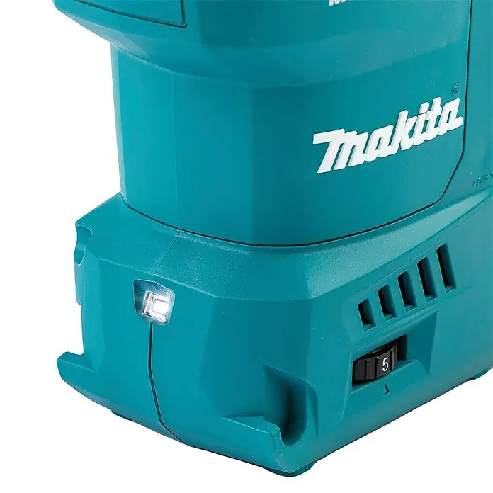 Makita XGT 40V max. Akku-Kombihammer HR008GZ - 40 V, Ohne Akku, 3,9 J - Nahaufnahme eines türkisen Makita Elektrowerkzeugs mit beleuchtetem LED-Licht, Lüftung und Geschwindigkeitsregler '5'.