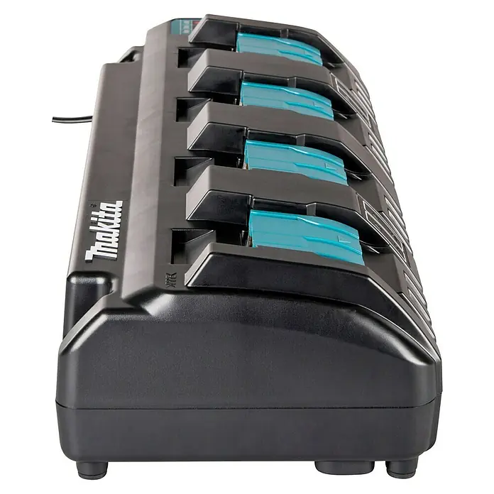 Makita LXT 18V Ladegerät DC18SF - Passend für: Makita Li-Ionen-Akkus 14,4 - 18 V - Schwarzes Makita 6-fach Akkuladegerät mit hellblauen Akzenten.