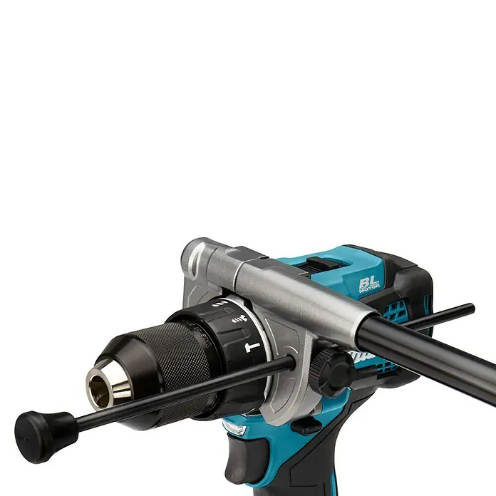 Makita XGT 40V max. Akku-Schlagbohrschrauber HP001GD201 - 40 V, 2 Akkus, 2,5 Ah, 41 Nm - Ein teal-schwarzer Akkubohrschrauber mit silbernem und schwarzem Tiefenanschlag.