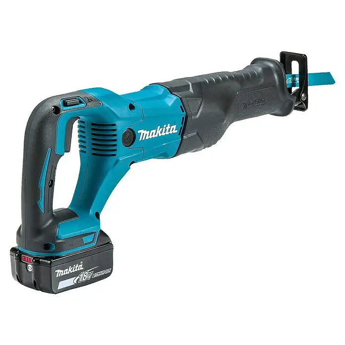 Makita LXT 18V Akku-Säbelsäge DJR186RT - 18 V, 1 Akku, 5 Ah, Leerlaufhubzahl: 0 /min - 2.800 /min - Eine türkis-schwarze Makita Akku-Säbelsäge mit 18V Lithium-Ionen-Akku und ausfahrbarem Metallblatt.