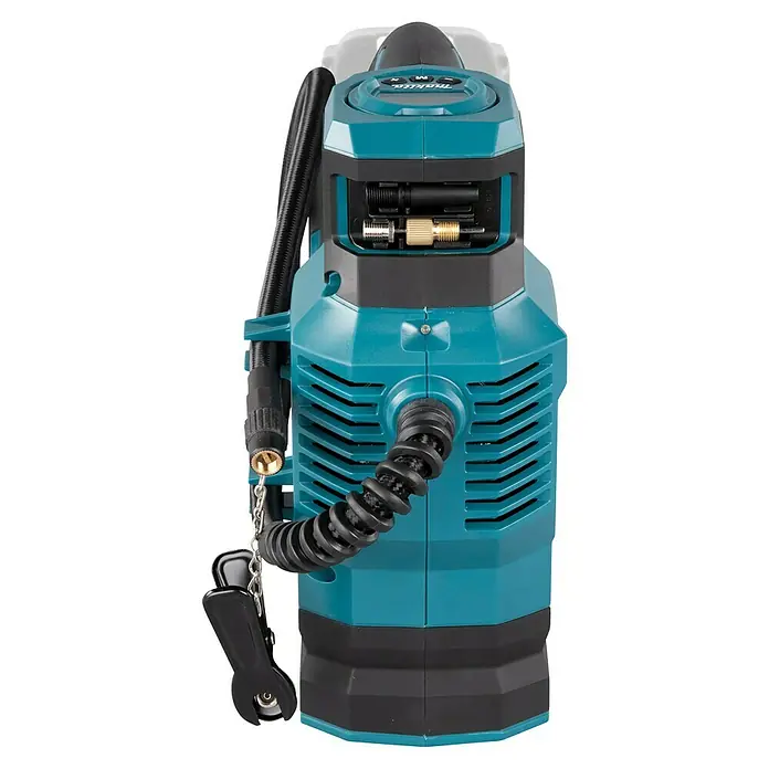 Makita LXT 18V Compresor de batería DMP181Z - 18 V, Sin batería, 11,1 bar - Inflador de aire portátil Makita turquesa y negro con manguera y accesorios de boquilla.