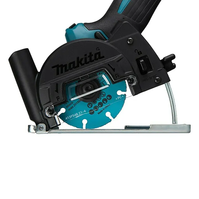 Makita LXT 18V Amoladora angular de batería DMC300Z - 18 V, Sin batería - Mini sierra circular Makita con carcasa negra y turquesa y una hoja de corte de diamante azul.