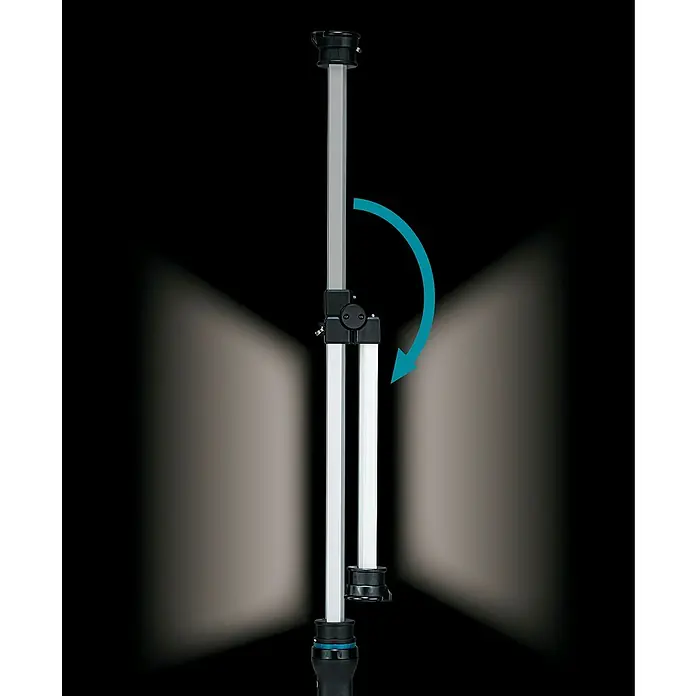 Makita LXT 18V Akku-Stableuchte DML818 - 18 V, Ohne Akku - Modulare silberne Beleuchtungsstange mit schwarzem Scharniergelenk, klappbar dargestellt, seitlich Licht ausstrahlend.