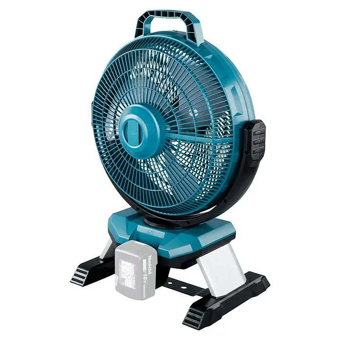 Makita LXT 18V Akku-Ventilator DCF301Z - 18 V, Ohne Akku - Türkisfarbener und schwarzer Akku-Ventilator mit sichtbarem Makita 18V Akku.