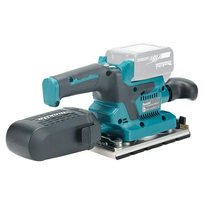 Makita LXT 18V Akku-Schwingschleifer DBO382Z - 18 V, Ohne Akku - Makita 18V Akku-Schwingschleifer mit blaugrünem und schwarzem Gehäuse und grauem Akku.