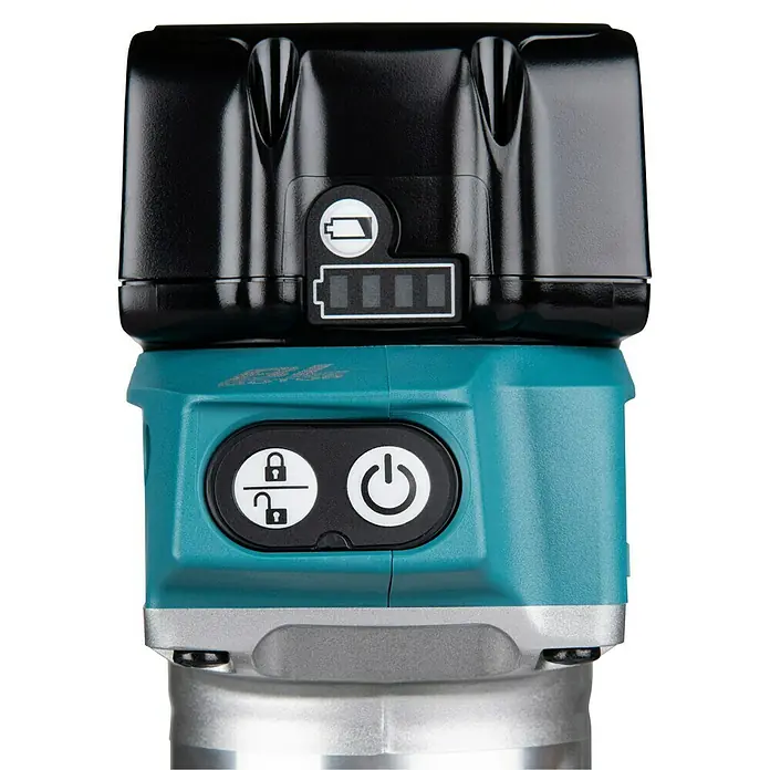 Makita LXT 18V Akku-Multifunktionsfräse DRT50ZJX2 - 18 V, Ohne Akku, Leerlaufdrehzahl: 10.000 U/min - 30.000 U/min - Oberteil eines Elektrowerkzeugs mit schwarzem Akkupack und Ladeanzeige, sowie türkisfarbenem Gehäuse mit Sperr-/Entsperr- und Ein/Aus-Tasten.