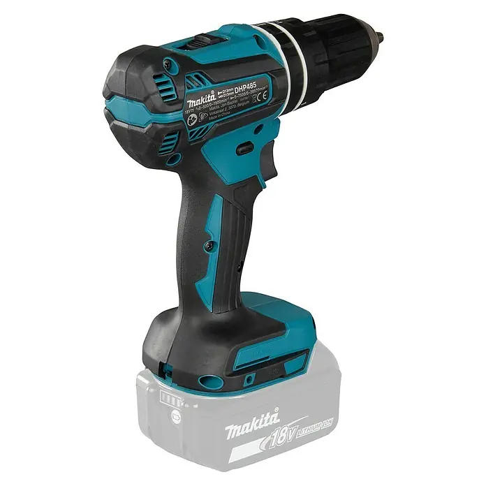 Makita LXT 18V Akku-Schlagschrauber DHP485Z - 18 V, Ohne Akku, 50 Nm - Makita DHP485 Akku-Schlagbohrmaschine, schwarz-türkis, mit 18V Lithium-Ionen-Akku.