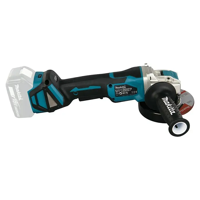 Makita LXT 18V Akku-Winkelschleifer DGA519Z - 18 V, Ohne Akku, Leerlaufdrehzahl: 3.000 U/min - 8.500 U/min - Kabelloser Makita DGA519 Winkelschleifer in Schwarz und Türkis mit Seitenhandgriff, Trennscheibe und 18V Lithium-Ionen-Akku.