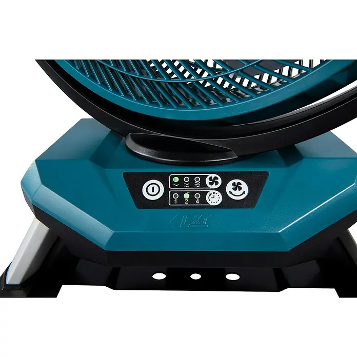 Makita LXT 18V Akku-Ventilator DCF301Z - 18 V, Ohne Akku - Türkis-schwarzer Ventilator mit Bedienfeld, das beleuchtete Geschwindigkeits- und Oszillationsanzeigen zeigt.