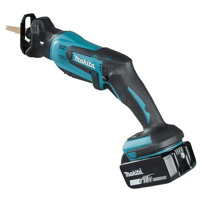 Makita LXT 18V Akku-Säbelsäge DJR183RT1J - 18 V, 1 Akku, 5 Ah, Leerlaufhubzahl: 0 /min - 3.000 /min - Akku-Makita-Säbelsäge in Schwarz und Türkis mit Metallblatt und 18V-Akku.