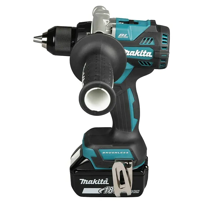 Makita LXT 18V Akku-Bohrschrauber DDF492RTJ - 18 V, 2 Akkus, 130 Nm - Schwarz-türkise Makita 18V Akku-Bohrmaschine mit Zusatzhandgriff und Akkupack.