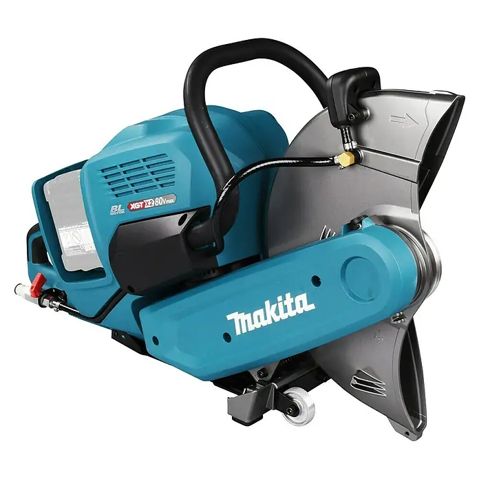 Makita XGT 40V max. Amoladora tronzadora de batería CE001GZ - 80 V, Sin batería, 5.300 r.p.m. - Cortadora eléctrica inalámbrica Makita en azul verdoso y gris, con batería XGT X2 80Vmax y protector de hoja con agua.
