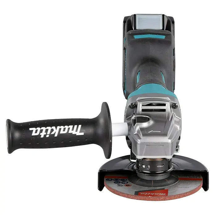 Makita XGT 40V max. Akku-Winkelschleifer GA016GM201 - 2 Akkus, 4 Ah, Leerlaufdrehzahl: 8.500 U/min - Akku-Winkelschleifer mit schwarzem und türkisfarbenem Gehäuse, silbernem Kopf, schwarzem Zusatzgriff und einer roten Schleifscheibe.