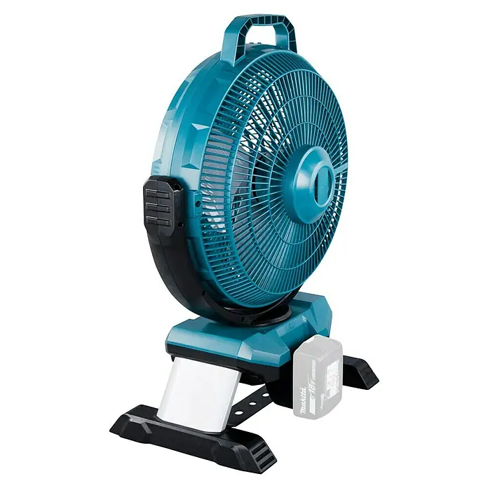 Makita LXT 18V Akku-Ventilator DCF301Z - 18 V, Ohne Akku - Türkis-schwarzer Akku-Ventilator mit sichtbarem Makita 18V Akku an der Basis.