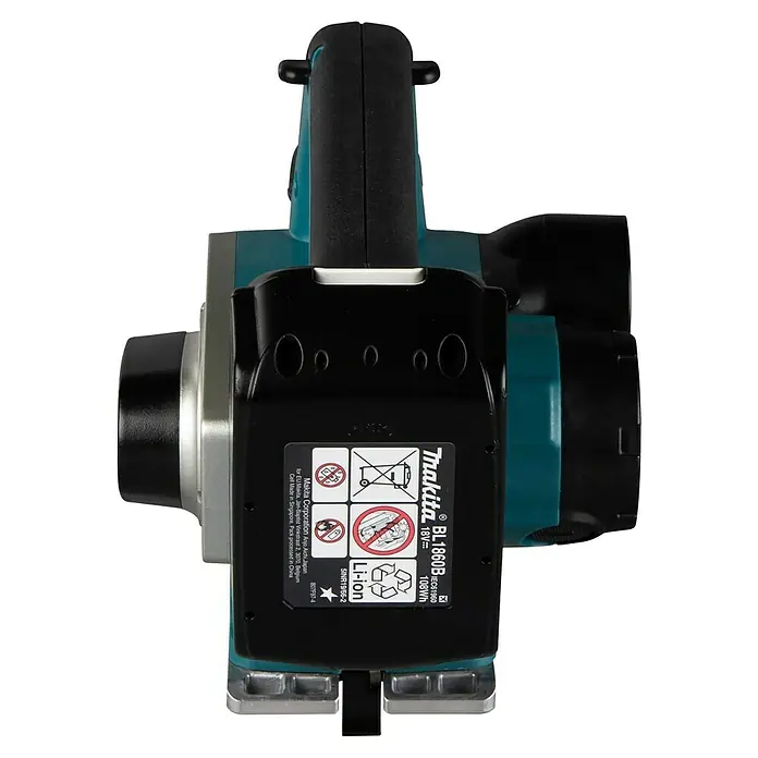 Makita LXT 18V Akku-Handhobel DKP180RTJ - 18 V, 2 Akkus, Hobelbreite: 82 mm, 5 Ah - Schwarzer Makita BL1860B 18V Li-Ion Akku auf einem Elektrowerkzeug, von oben gesehen.