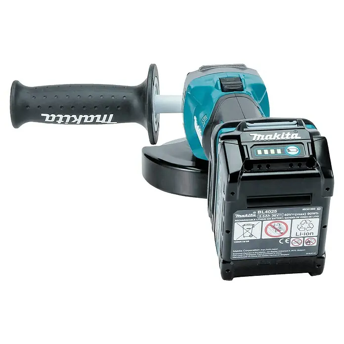 Makita XGT 40V max. Akku-Winkelschleifer GA008GM201 - 2 Akkus, 4 Ah, Durchmesser Scheibe: 125 mm - Türkise und schwarze Makita Winkelschleifer mit abnehmbarem schwarzem Lithium-Ionen-Akku.