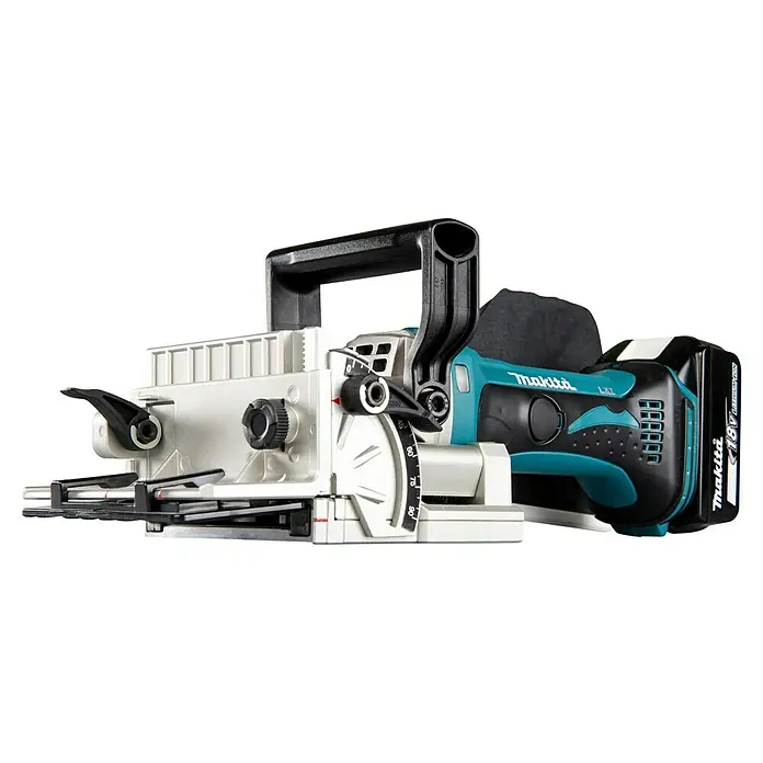 Makita LXT 18V Fresa de ranurado de batería DPJ180RTJ - 18 V, 2 baterías, 5 Ah, 20 mm - Fresadora de galletas inalámbrica Makita turquesa y negra con batería de 18V y base ajustable.