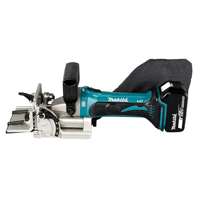 Makita LXT 18V Akku-Nutfräse DPJ180RTJ - 18 V, 5 Ah, Anzahl Akkus: 2 Akkus, 20 mm - Makita 18V Akku-Flachdübelfräse in Türkis, Schwarz und Silber mit verstellbarem Anschlag und Staubbeutel.