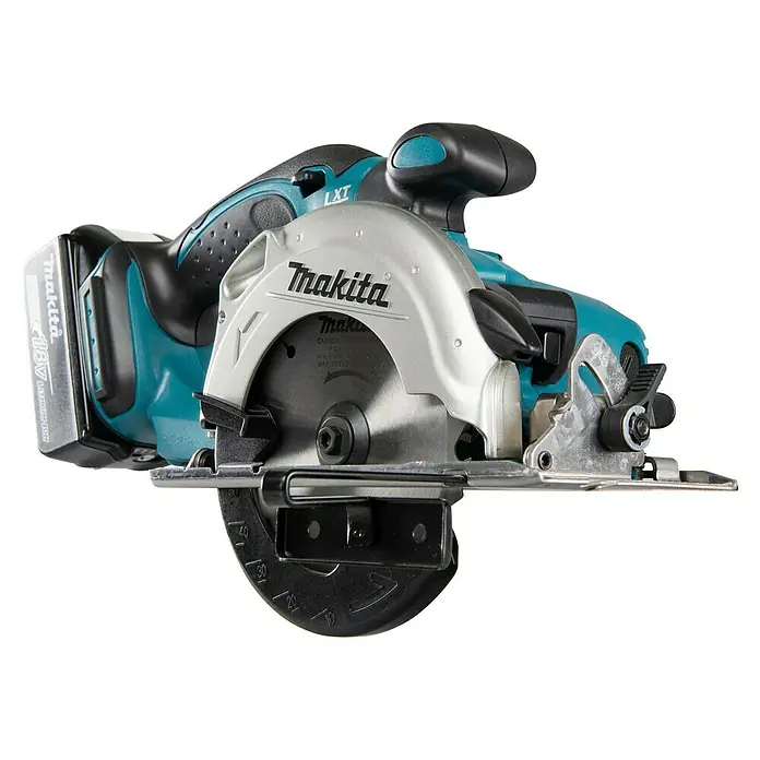 Makita LXT 18V Sierra circular de batería DSS501RTJ - 18 V, 2 baterías, 5 Ah, 3.600 r.p.m. - Sierra circular inalámbrica Makita 18V con cuerpo turquesa y negro y protector de hoja plateado.