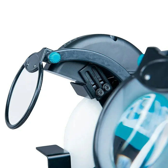 Makita Elektro-Doppelschleifer GB602 - 250 W, 2.850 U/min - Dunkelgraue Schleifmaschine mit transparentem Schutzschild und türkisfarbenem Einstellknopf.