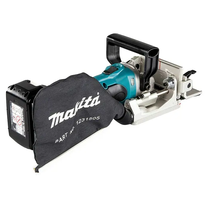 Makita LXT 18V Akku-Nutfräse DPJ180RTJ - 18 V, 5 Ah, Anzahl Akkus: 2 Akkus, 20 mm - Eine türkis-graue Makita Akku-Flachdübelfräse mit schwarzem Griff, Akku und Staubbeutel.