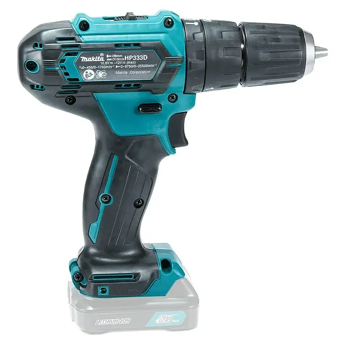 Makita CXT 12V max. Akku-Schlagbohrschrauber HP333DZ - 12 V, Ohne Akku, 30 Nm, Ohne Akku und Zubehör - Türkis-schwarzer Makita HP333D Akku-Schlagbohrschrauber mit 12V max Lithium-Ionen-Akku.