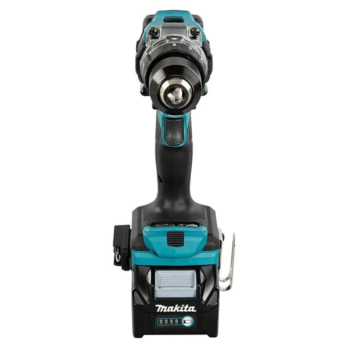 Makita XGT 40V max. Akku-Schlagbohrschrauber HP001GD201 - 40 V, 2 Akkus, 2,5 Ah, 41 Nm - Nahaufnahme eines türkisfarbenen und schwarzen Akkubohrers mit Metallbohrfutter und Akku, der die Akkustandsanzeige zeigt.